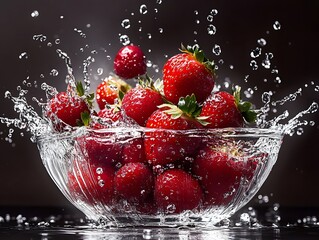 Strawberries splashing into a glass bowl with water, black background, high-speed photography, dramatic lighting