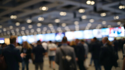 Bokeh lights in the background of an event or conference hall with a blurred concept of visitors. An abstract and unfocused group of people at an exhibition.