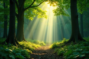 Obraz premium Sunbeams filter through leafy canopies in a lush forest, sunlight, rays, greenery