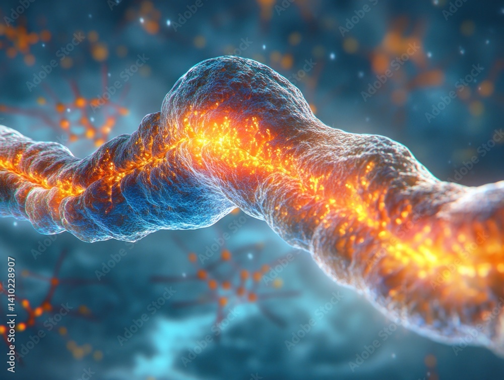 Wall mural close-up of a neuron, its glowing synapses standing out against a calm blue background, illustrating