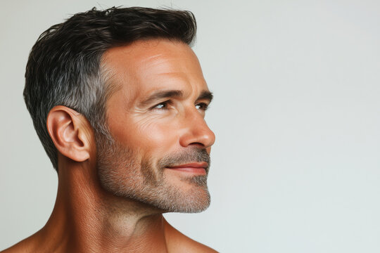 Portrait of an attractive mature man with gray hair and a cheerful expression, highlighting beauty, aging, style, and self-confidence in a close-up setting.