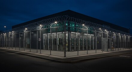 Secure Data Center at Night - A modern, secure data center building at night, illuminated and surrounded by a high fence with razor wire