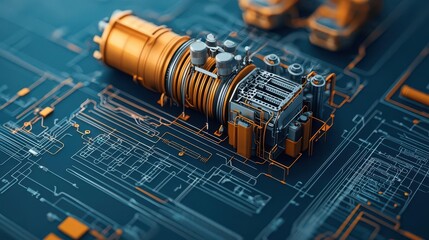 Crosssectional blueprint of a fuel cell engine, emphasizing the proton exchange membrane PEM design