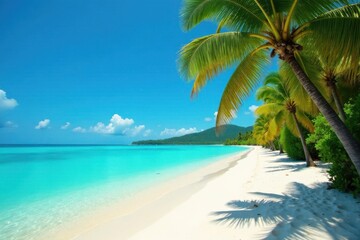 Palm tree-lined beach with turquoise waters and white sand, turquoise water, tropical island