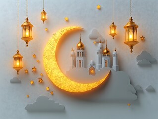 Islamic Mosque, Crescent Moon, Lights, Clouds