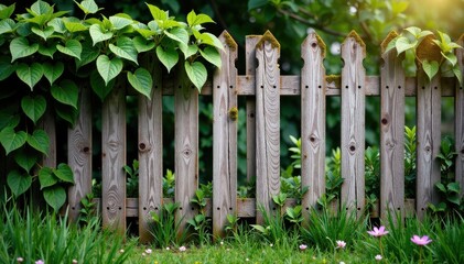 Weathered wooden fence with vines and moss, nature scene, rustic, forest