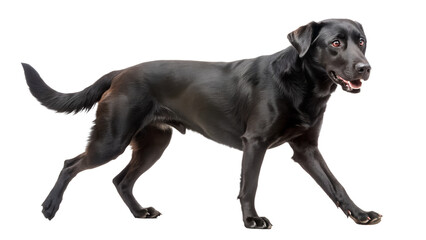 walking black dog isolated on white background