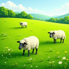 Fototapeta premium Collection of vector sheep grazing in a green meadow , #pasture, #green