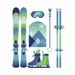 Ski equipment. Flat image isolated on white background. Vector illustration.