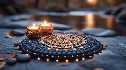 Illuminated Mandala with Burning Candles Near Water