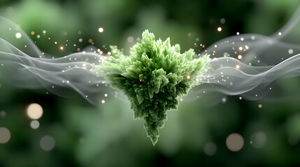 Abstract green fractal amidst ethereal smoke and glowing particles