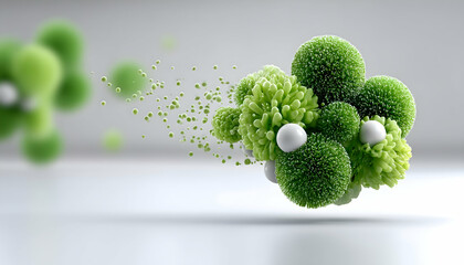 Abstract green and white spheres, organic, fluffy texture, particle dispersion