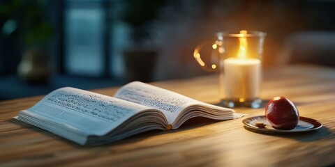 An open book, candlelight, and a red apple create a serene, contemplative atmosphere.