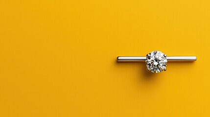 Minimalist diamond brooch with a sleek bar design and a single round diamond, isolated on a pastel yellow background