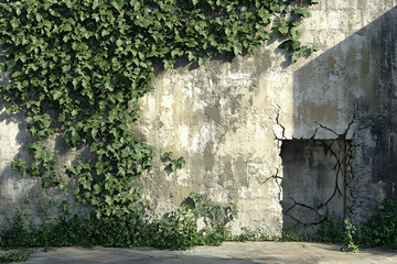 Weathered concrete wall overgrown with vibrant ivy.
