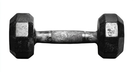 Heavy metal dumbbell, isolated on white.  Workout equipment for strength training.  Used, showing signs of wear