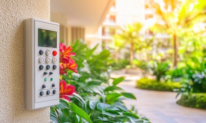 Smart Home Control Panel in a Lush Tropical Garden