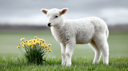 Obraz premium Adorable white lamb standing in a green pasture next to yellow flowers