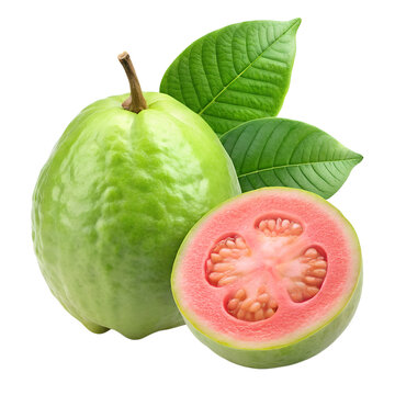 whole and half guava fruit isolated on transparent background