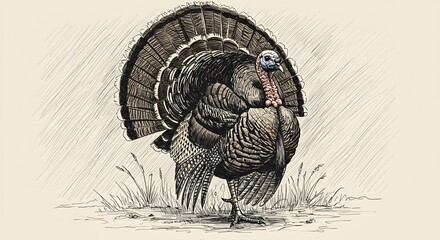 Wild turkey displays magnificent feathers in a serene setting during early morning hours in autumn Generative AI © Faqih