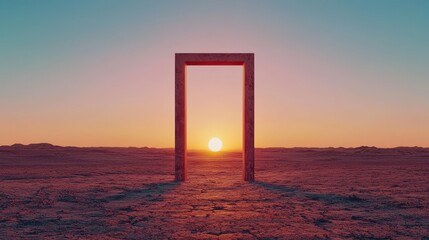 Striking door framed by endless desert symbolizing opportunity vibrant sun setting bird's eye view dreamlike quality