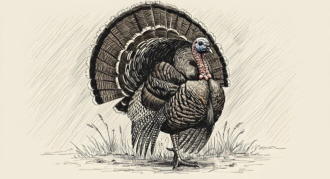 Wild turkey displays magnificent feathers in a serene setting during early morning hours in autumn Generative AI