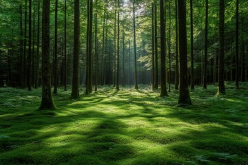 Obraz premium Forest with tall trees green moss and sunlight shining through the canopy.
