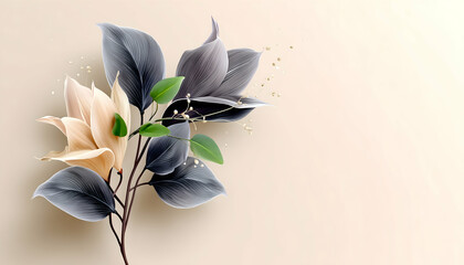 Elegant cream and grey flower bouquet with gold accents on beige background