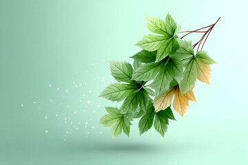Green and yellow leaves sprig, floating, light green background