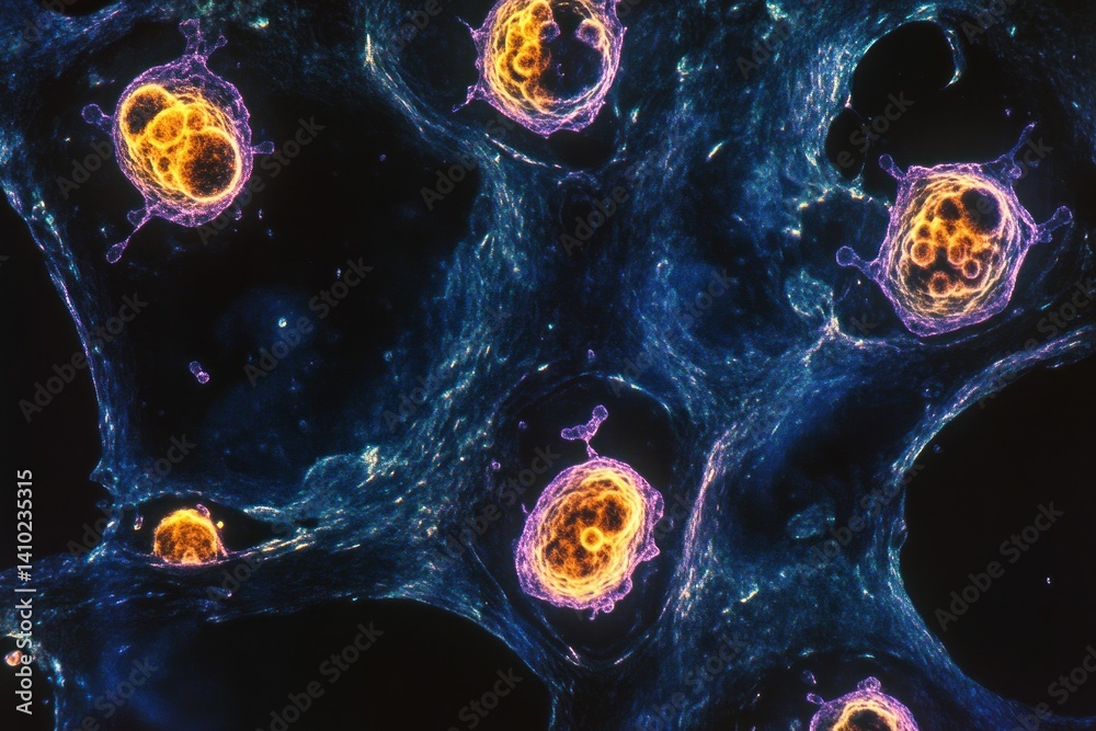 Wall mural close-up of cellular division, showing multiple cells undergoing mitosis against a dark background.