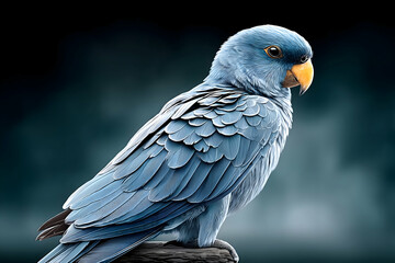 Obraz premium Majestic blue parrot perched, detailed feathers, dark background