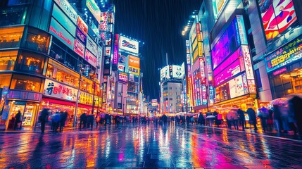 Obraz premium Walking in Rainy Tokyo at Night with Colorful City Lights Reflections