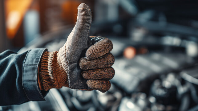 A mechanic is giving a thumbs up to a car engine