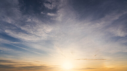 Sunset Sky Cloud Background, Evening Dramatic Dusk sky Clouds with Orange, Yellow, Blue sunlight in Summer season or Horizon morning Sunrise sky and colorful gold beautiful nature sweet Sunshine
