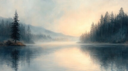 Fototapeta premium Misty Sunrise over Mountain Lake