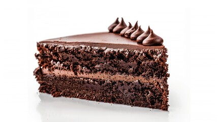Obraz premium Delicious slice of sweet dark brown chocolate cake with slices strawberry fruit