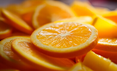 Close-up of fresh orange slices arranged in a vibrant and juicy display.

