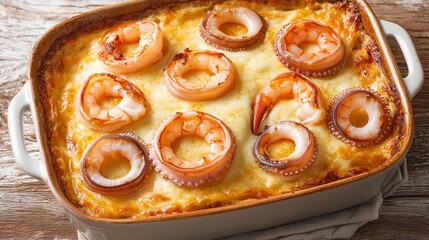 seafood gratin Baked dish with octopus rings on a wooden table.
