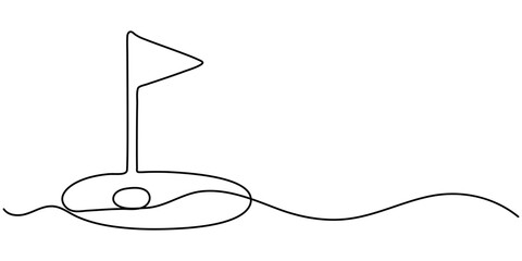 continuous line vector golf course. single line vector golf course, flag and hole. golf course icon drawn in one line, View of golf flag on golf course.                                                