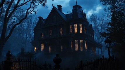 Haunted Mansion: Spooky scene of a grand old house with dimly lit windows shrouded in mystery, evoking a sense of unease and supernatural intrigue.