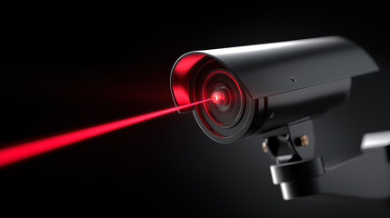 Black security camera emitting a red laser beam in a dark, high-tech environment.
