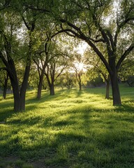 Obraz premium Sunlight filters through a verdant grove of trees. Lush, green grass blankets the forest floor, bathed in golden light