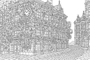 Detailed Steampunk Street Corner Coloring Page - Intricate Victorian Architecture Art