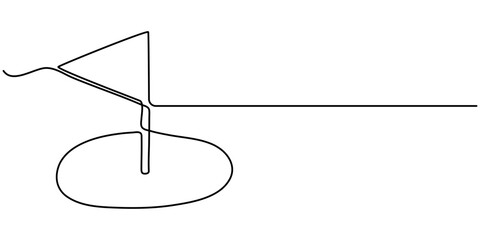 continuous line vector golf course. single line vector golf course, flag and hole. golf course icon drawn in one line, View of golf flag on golf course.                                                