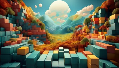 A world made of cubes forming a natural landscape