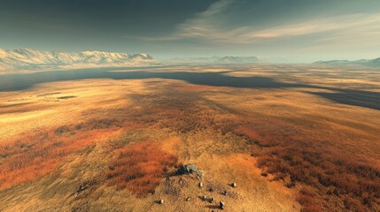 Vast, arid plains stretch before a distant mountain range.