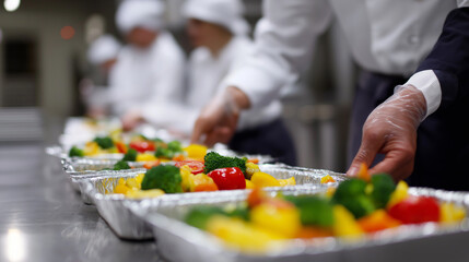 Obraz premium Chefs in a commercial kitchen preparing colorful meal trays with vegetables and garnishes for food service. 