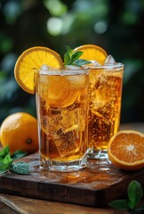 Refreshing Citrus Beverage with Ice and Mint Garnish Served in Clear Glasses on Wooden Board Surrounded by Fresh Oranges