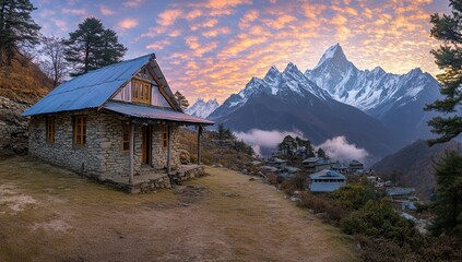 Rustic mountain hut at dawn, nestled in a Himalayan village