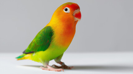 Naklejka premium Colorful lovebird with vibrant green, yellow, and orange feathers standing on a white surface against a light background. 